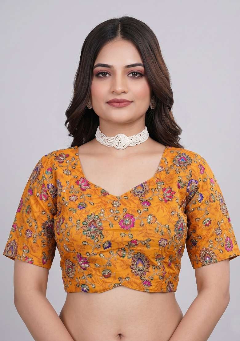 Mustard Embroidered Viscose Blouse - Indya