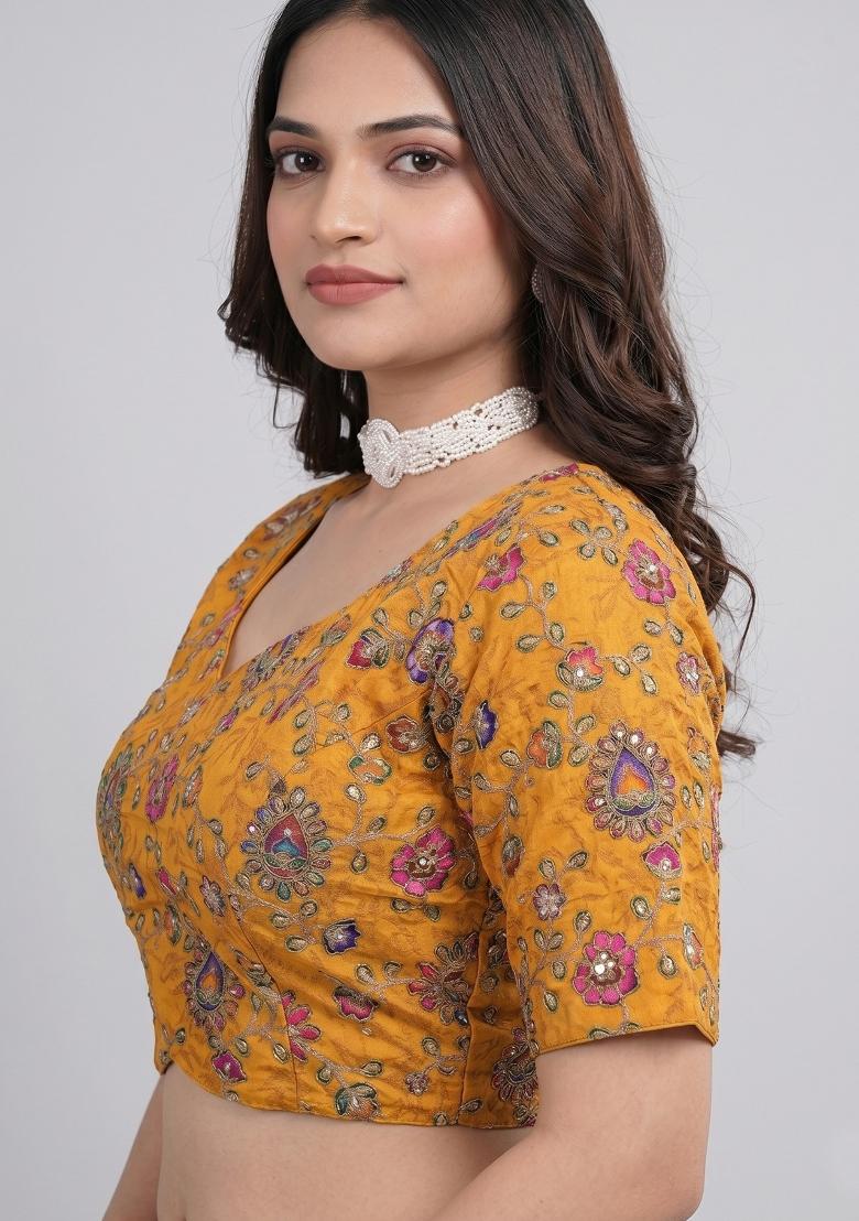 Mustard Embroidered Viscose Blouse - Indya