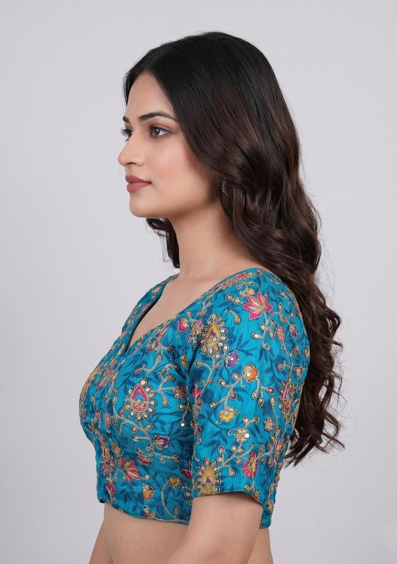 Light Blue Embroidered Viscose Blouse - Indya