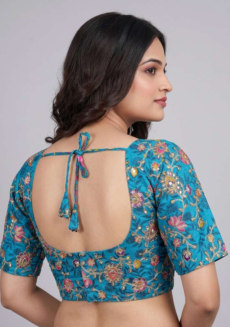 Light Blue Embroidered Viscose Blouse - Indya