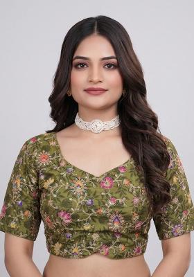 Olive Green Embroidered Viscose Blouse