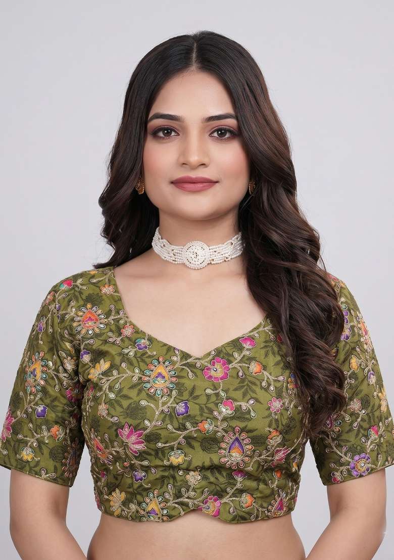 Olive Green Embroidered Viscose Blouse - Indya