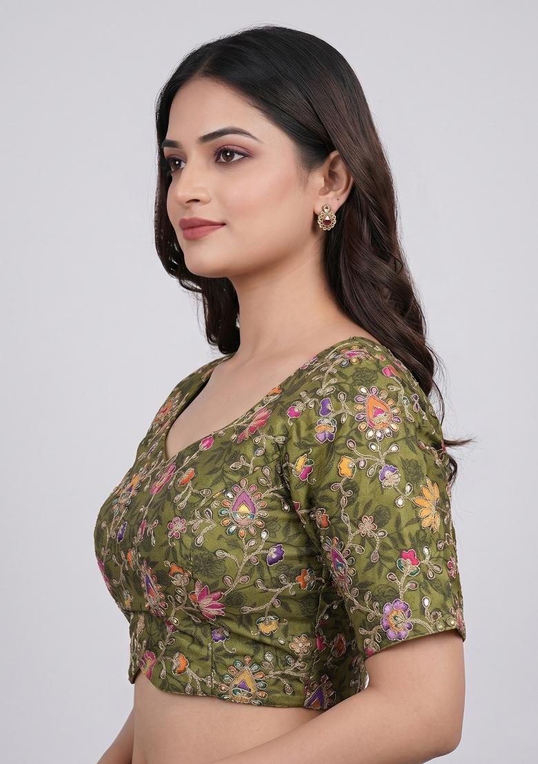 Olive Green Embroidered Viscose Blouse - Indya