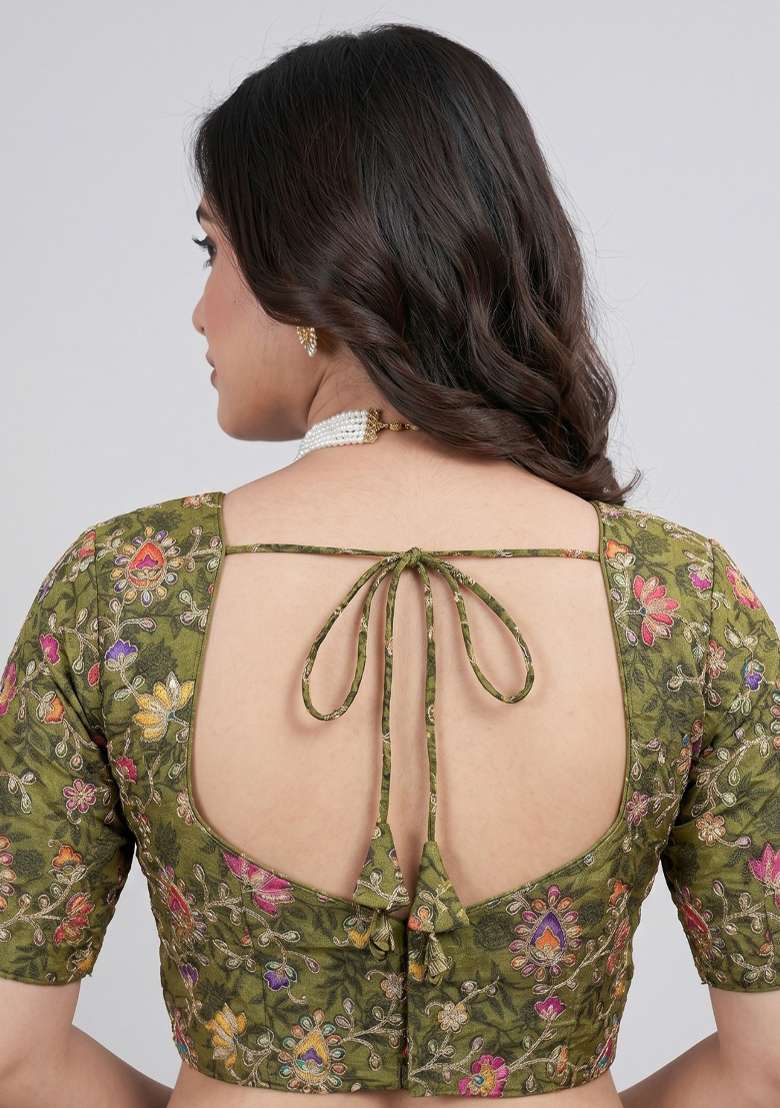 Olive Green Embroidered Viscose Blouse - Indya