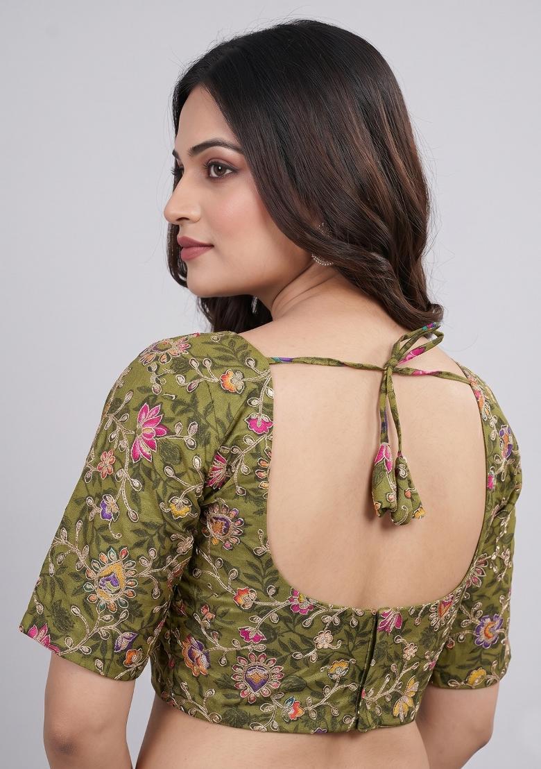 Olive Green Embroidered Viscose Blouse - Indya