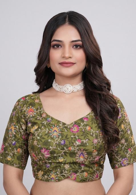 Olive Green Embroidered Viscose Blouse