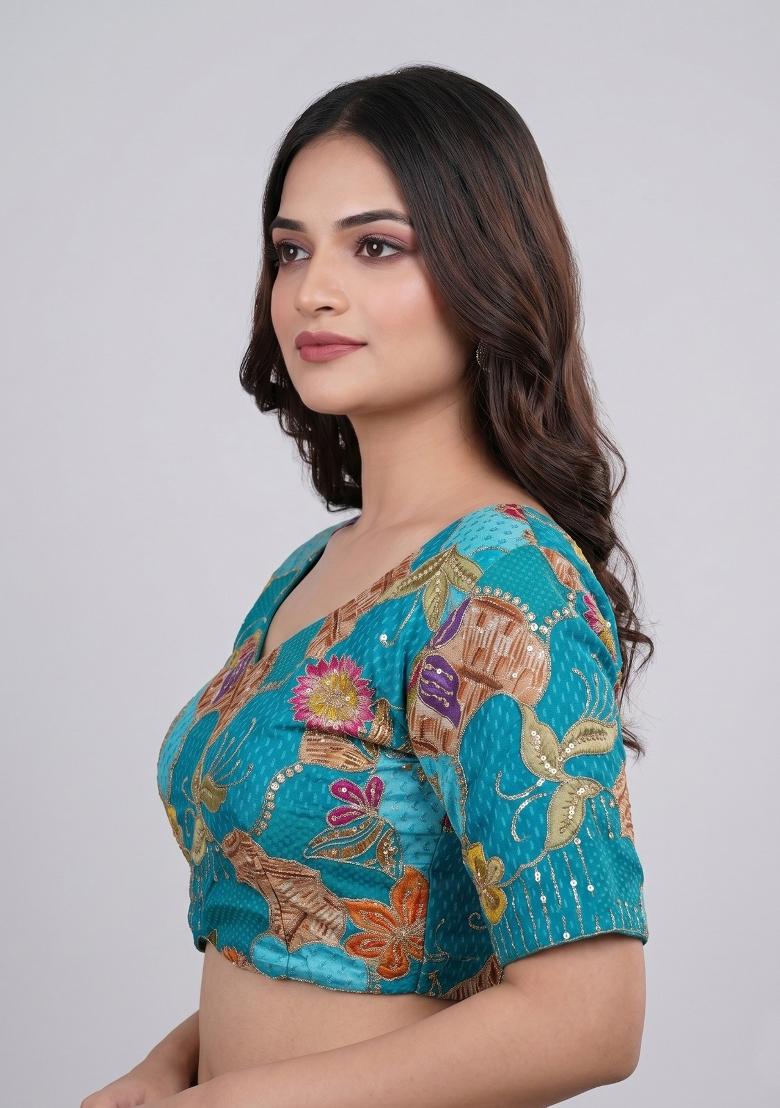 Sky Blue Embroidered Viscose Blouse - Indya