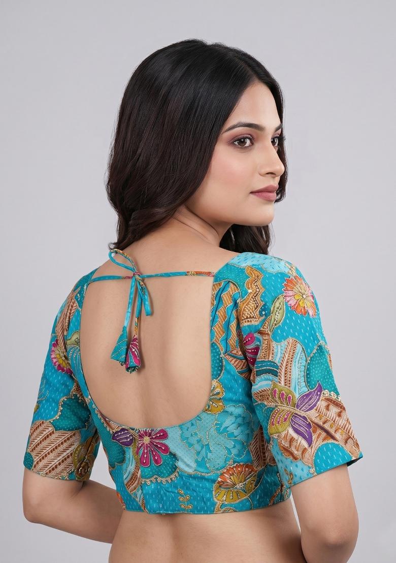 Sky Blue Embroidered Viscose Blouse - Indya
