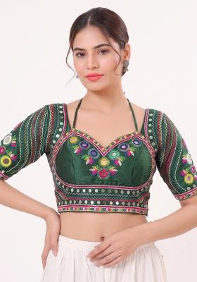 Green Mirror Work Silk Blouse