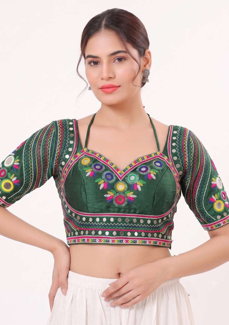Green Mirror Work Silk Blouse - Indya