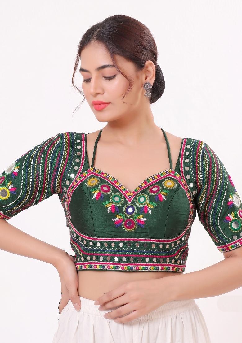 Green Mirror Work Silk Blouse - Indya
