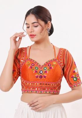 Orange Mirror Work Silk Blouse