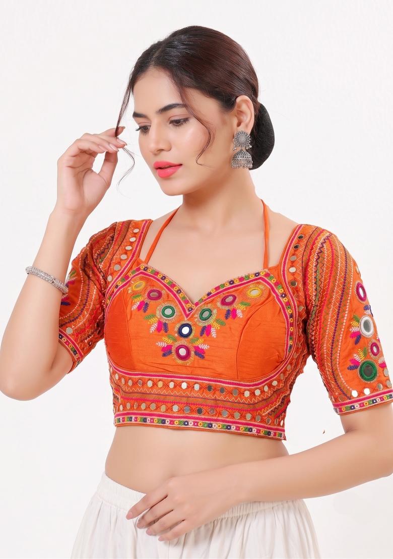 Orange Mirror Work Silk Blouse - Indya