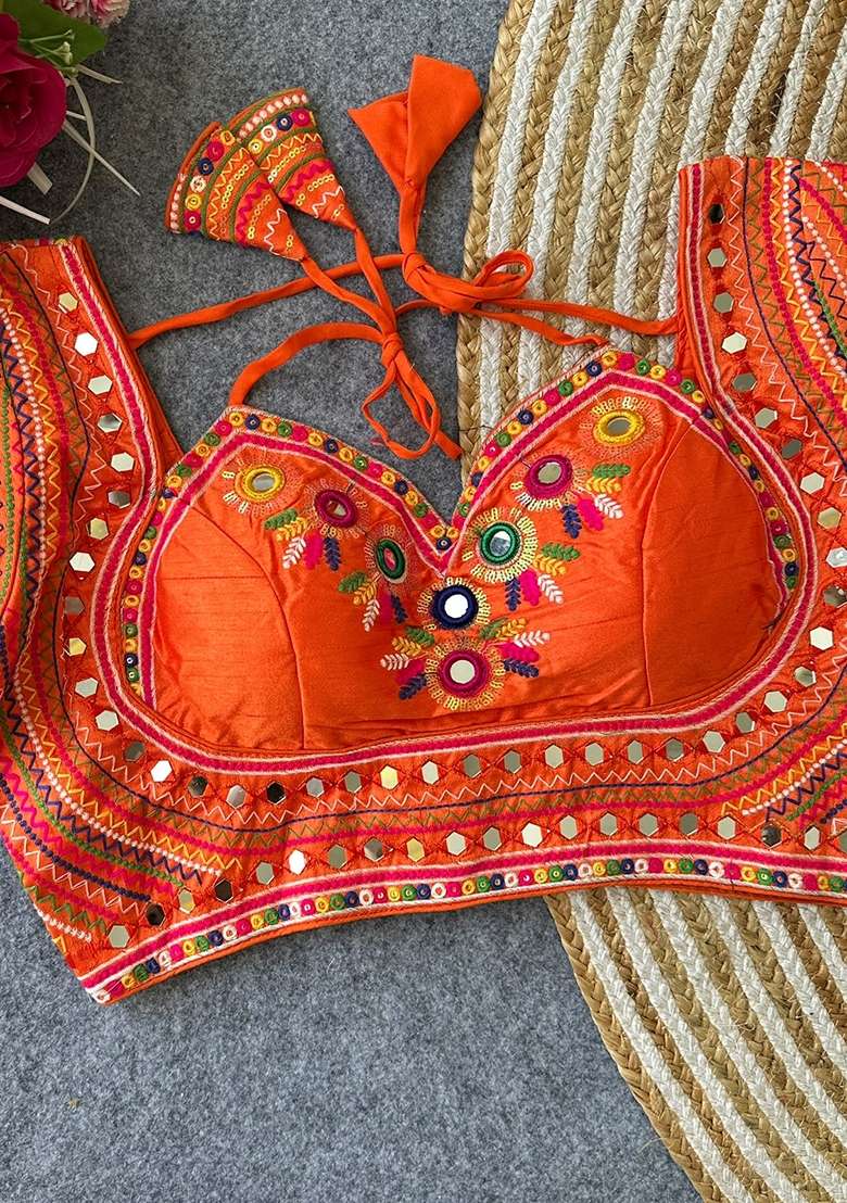 Orange Mirror Work Silk Blouse - Indya