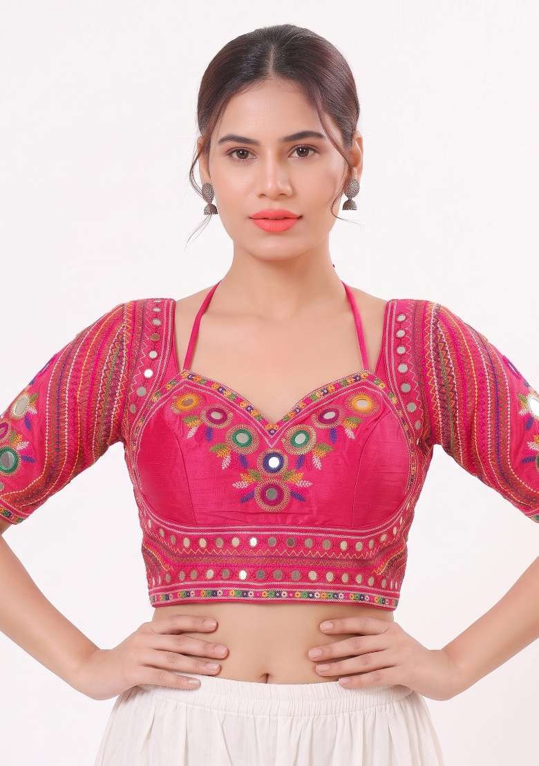 Pink Mirror Work Silk Blouse - Indya