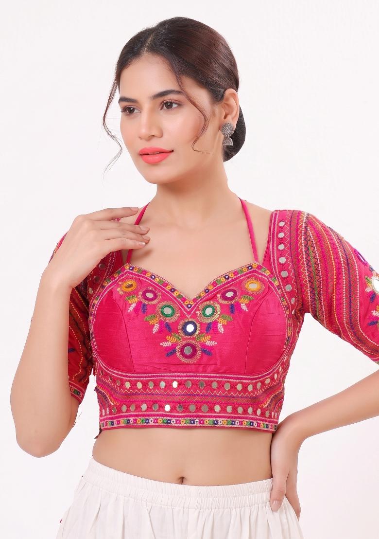 Pink Mirror Work Silk Blouse - Indya