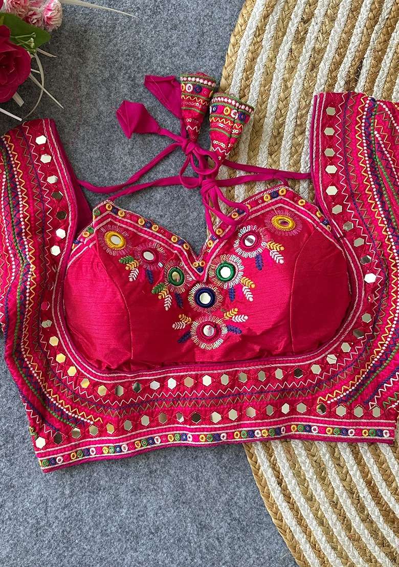 Pink Mirror Work Silk Blouse - Indya