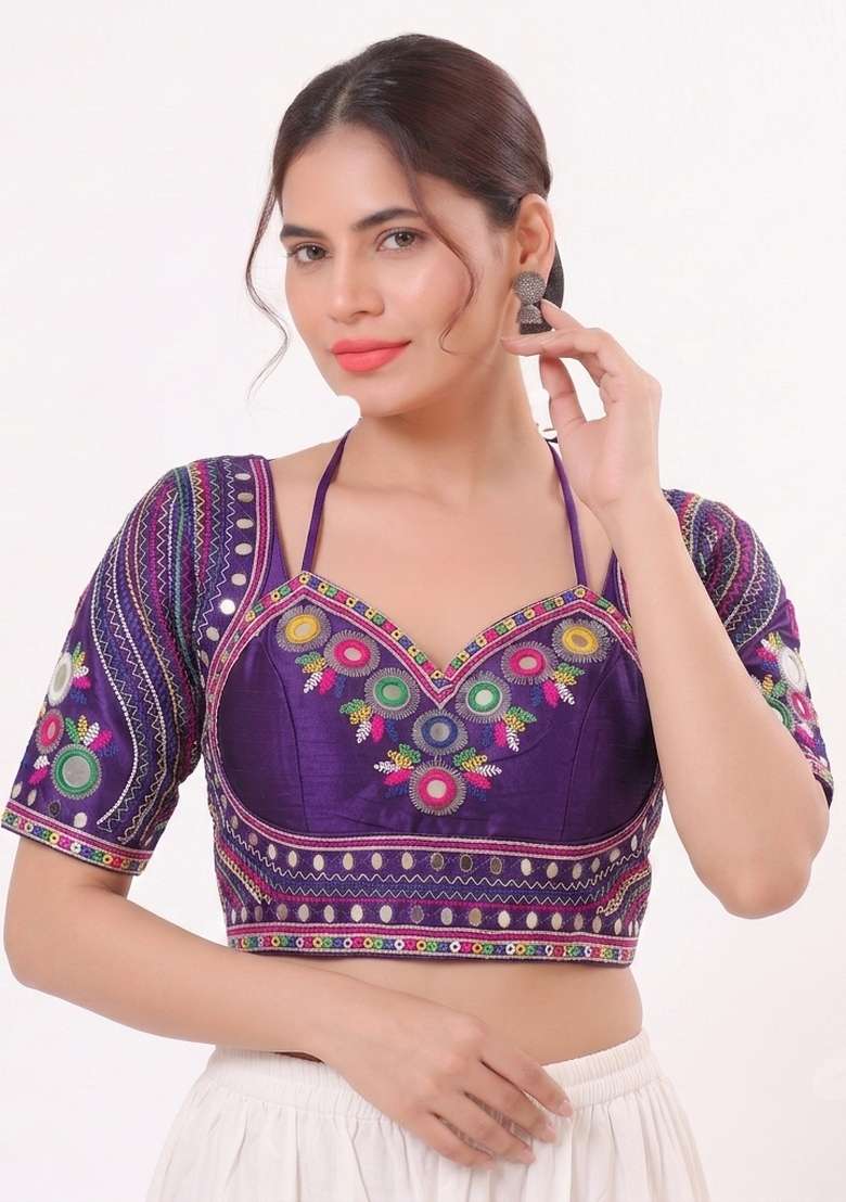Purple Mirror Work Silk Blouse - Indya