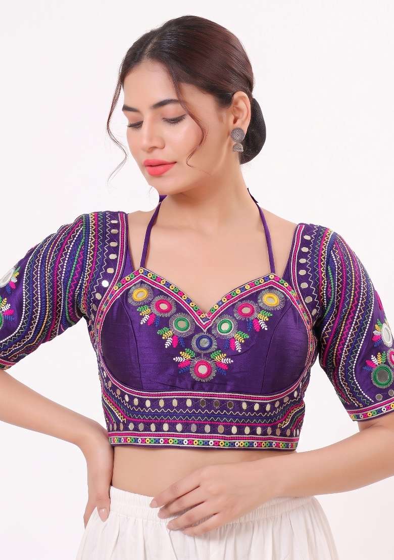 Purple Mirror Work Silk Blouse - Indya
