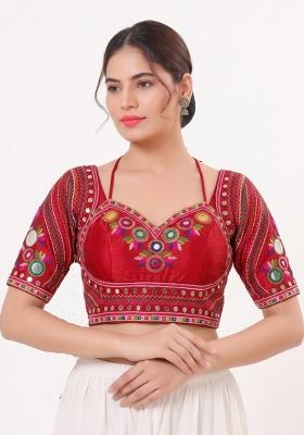 Red Mirror Work Silk Blouse