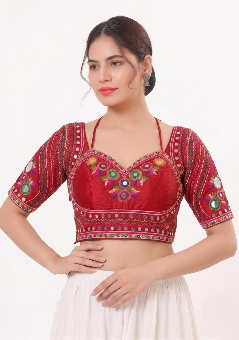 Red Mirror Work Silk Blouse - Indya