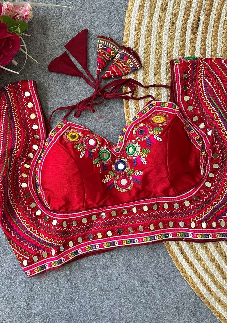 Red Mirror Work Silk Blouse - Indya