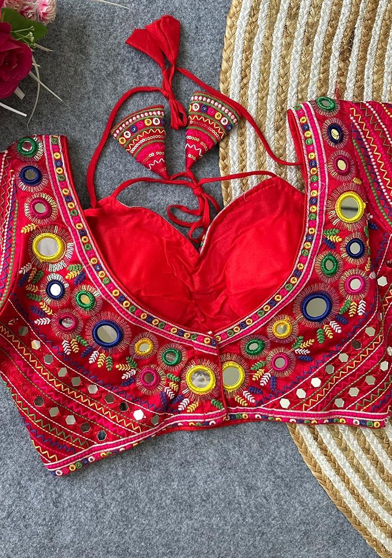 Red Mirror Work Silk Blouse - Indya