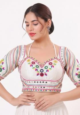 White Mirror Work Silk Blouse