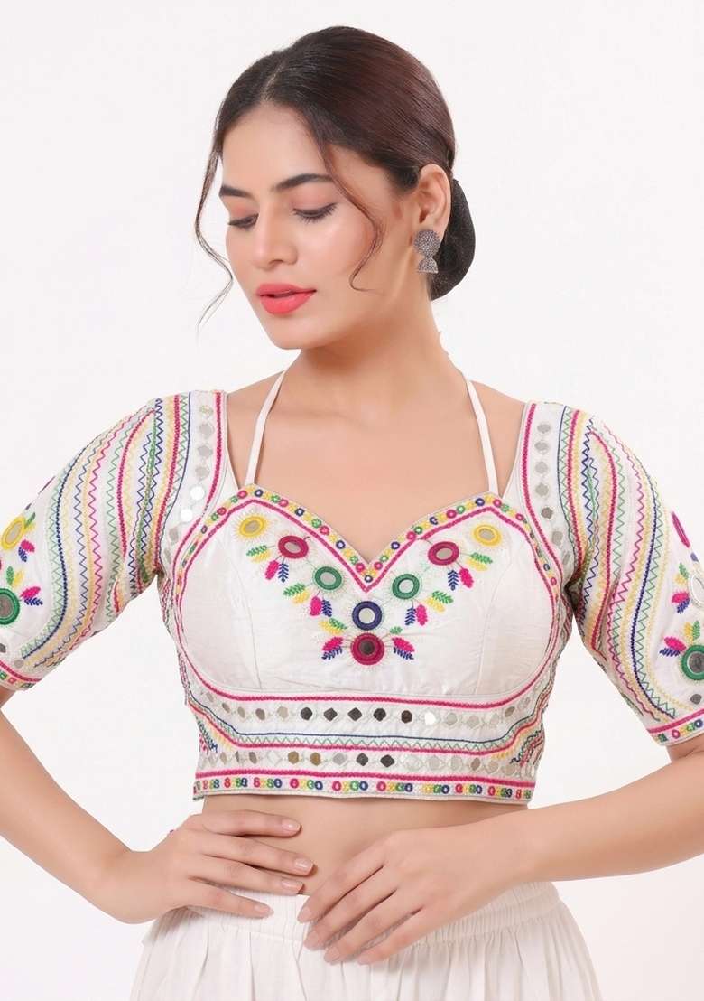 White Mirror Work Silk Blouse - Indya