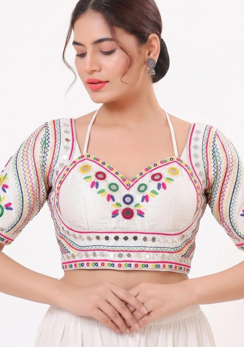White Mirror Work Silk Blouse - Indya