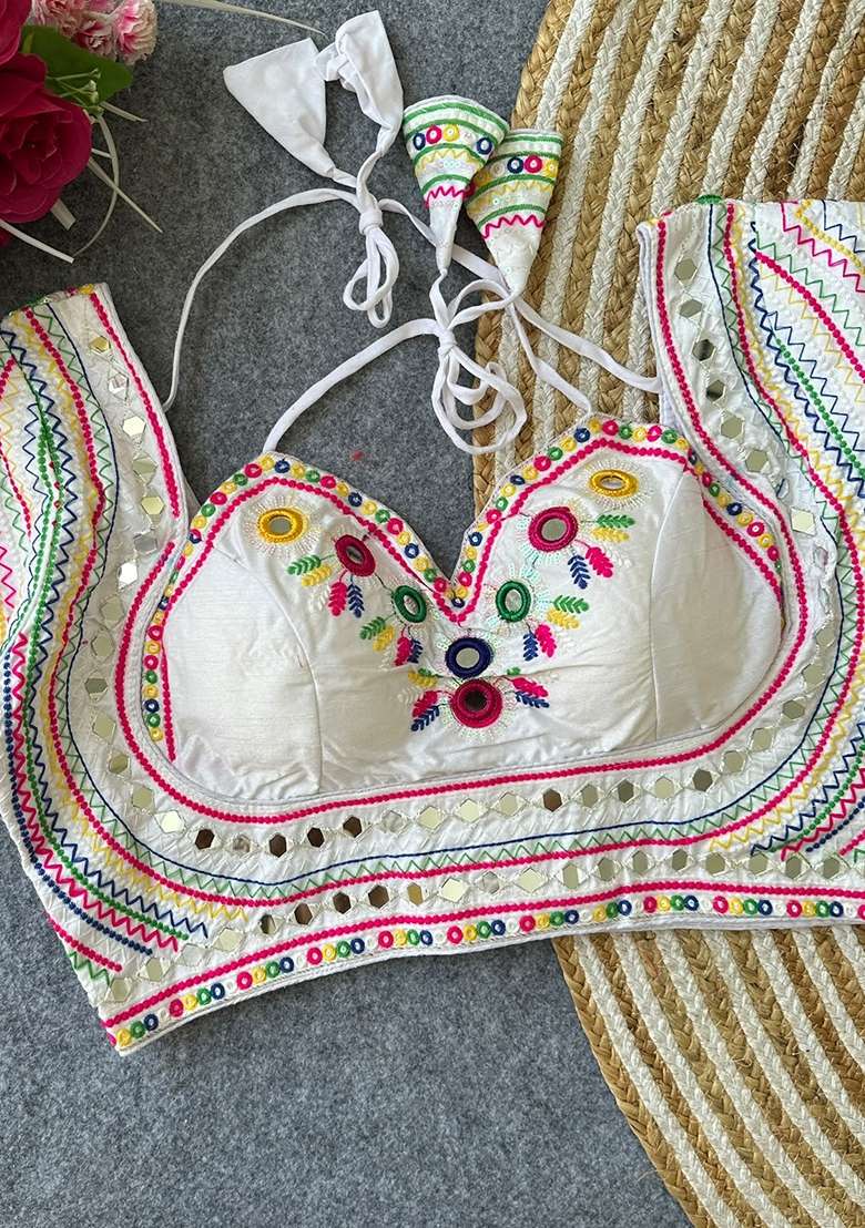 White Mirror Work Silk Blouse - Indya