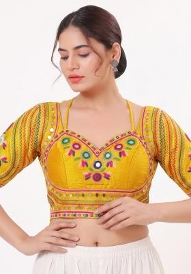 Yellow Mirror Work Silk Blouse