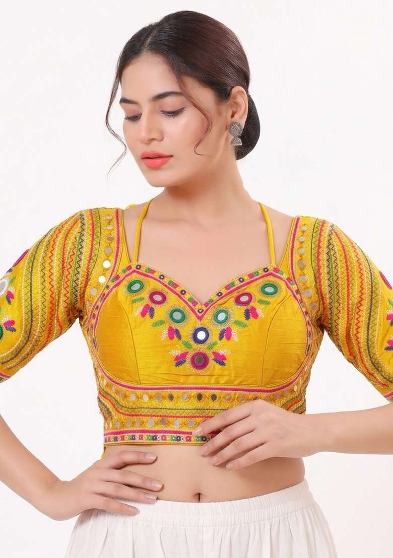 Yellow Mirror Work Silk Blouse - Indya
