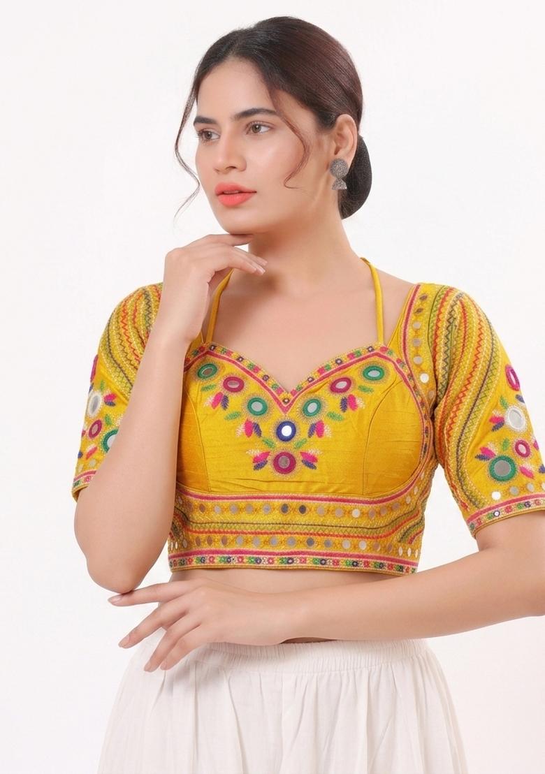 Yellow Mirror Work Silk Blouse - Indya