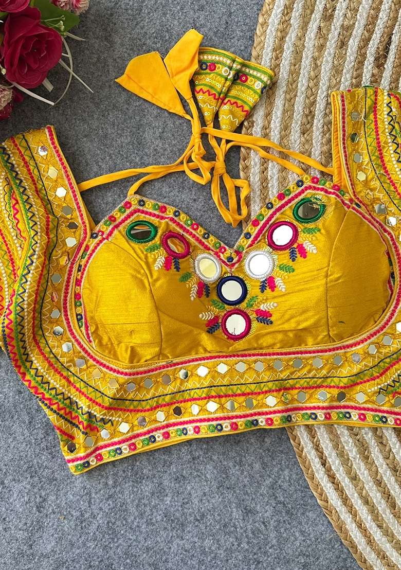 Yellow Mirror Work Silk Blouse - Indya