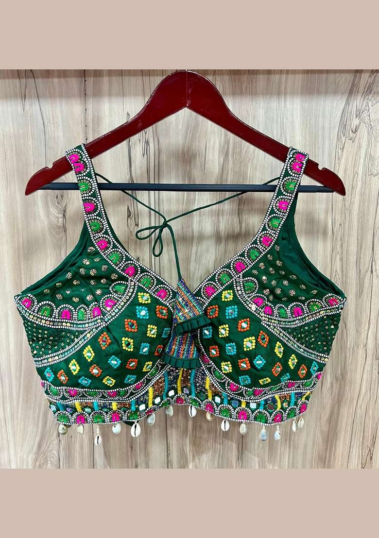 Green Embroidery Silk Blouse - Indya