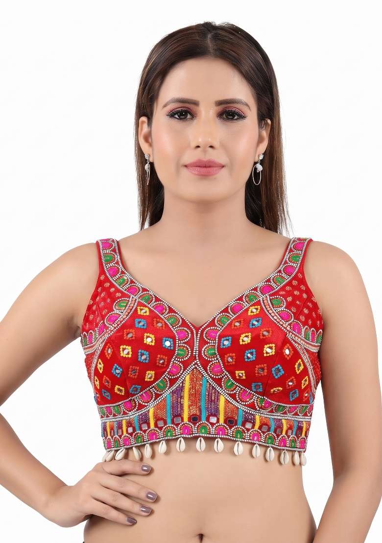Red Embroidery Silk Blouse - Indya