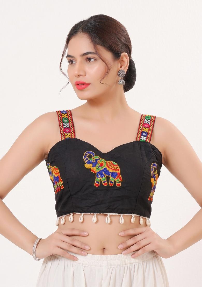 Black Embroidery Cotton Blouse - Indya