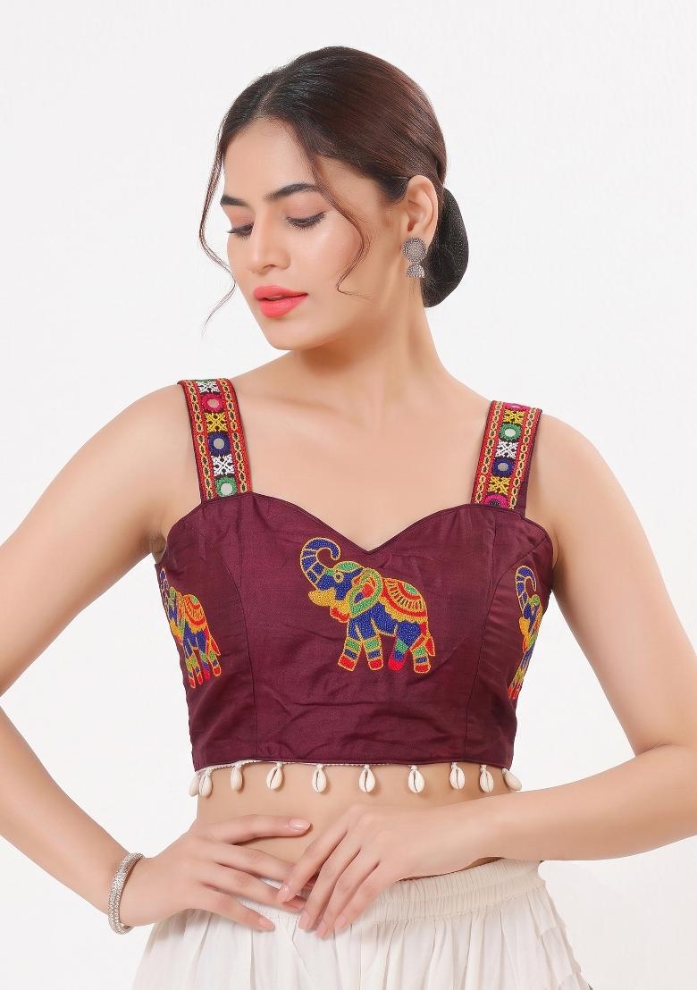 Burgundy Embroidery Cotton Blouse - Indya