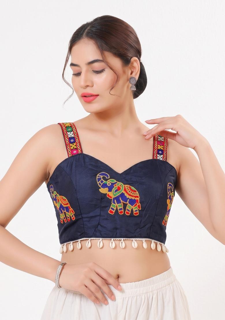 Nevy Blue Embroidery Cotton Blouse - Indya