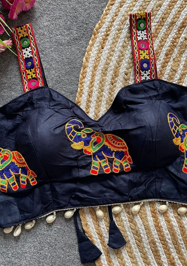 Nevy Blue Embroidery Cotton Blouse - Indya