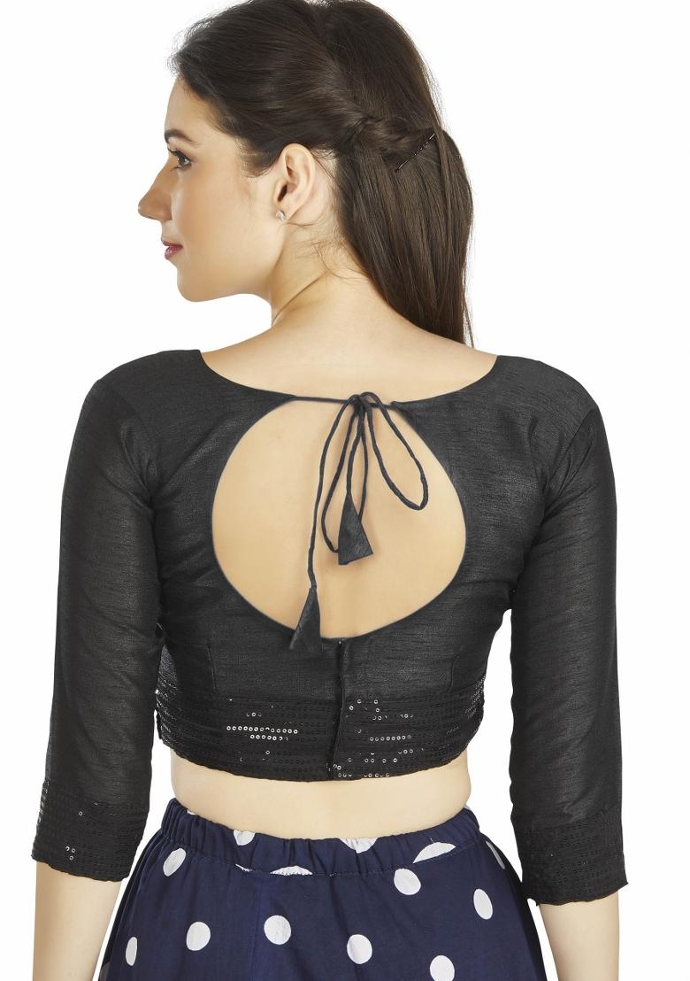 Black Sequin Work Silk Blouse - Indya