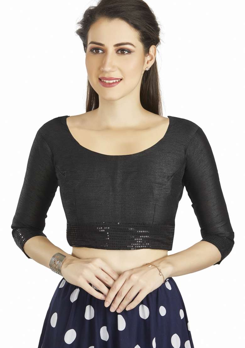 Black Sequin Work Silk Blouse - Indya