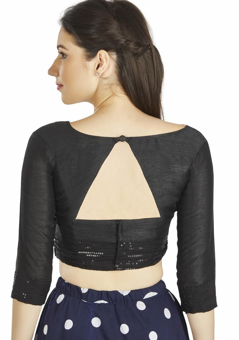 Black Sequin Work Silk Blouse - Indya