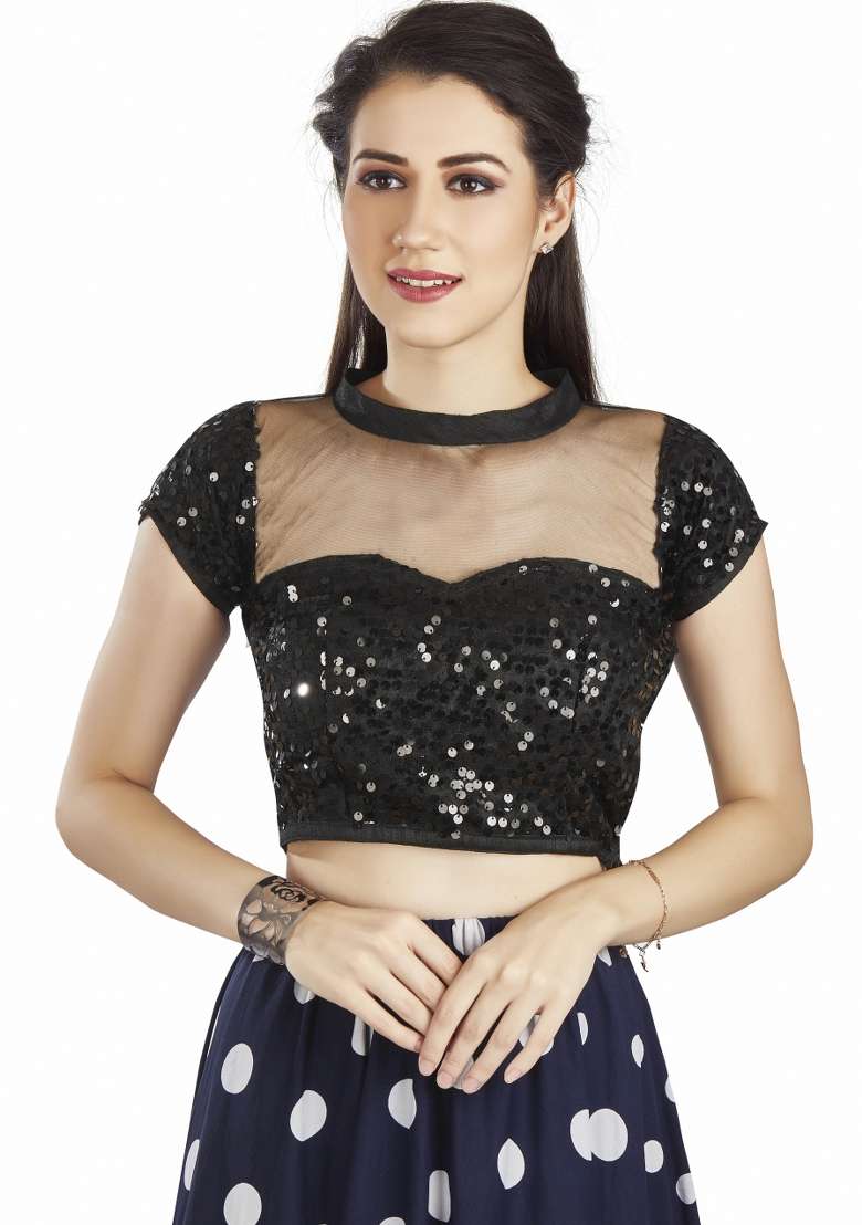 Black Sequin Work Net Blouse - Indya