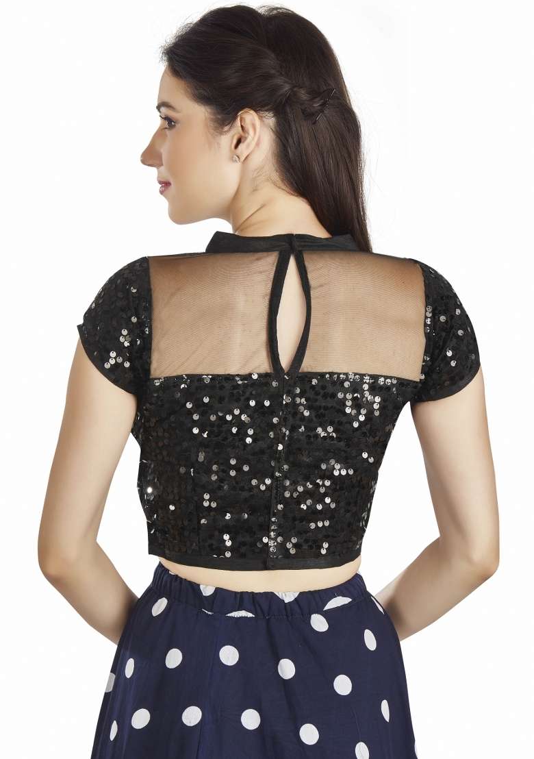 Black Sequin Work Net Blouse - Indya