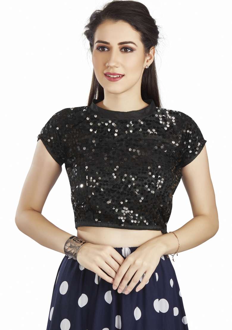Black Sequin Work Net Blouse - Indya