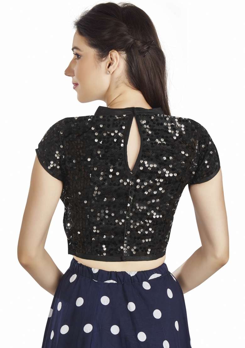 Black Sequin Work Net Blouse - Indya