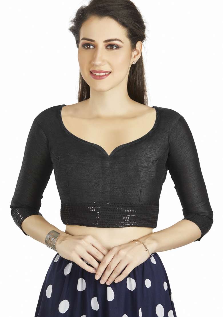 Black Sequin Work Silk Blouse - Indya