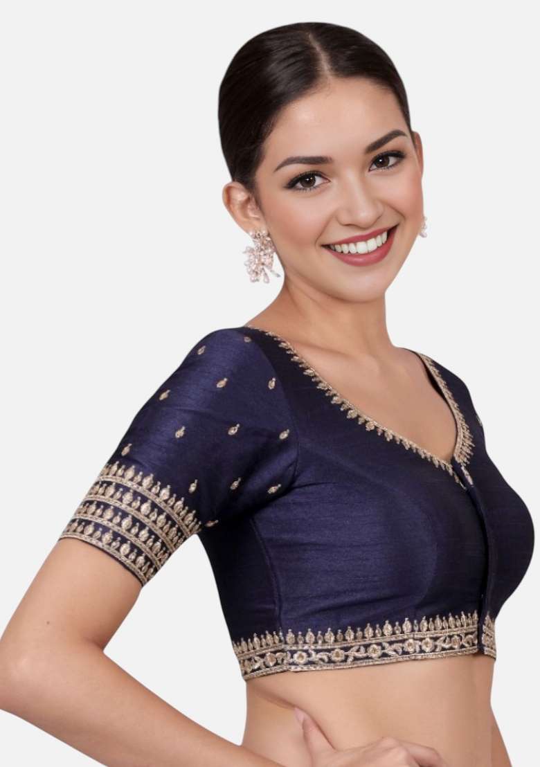 Navy Blue Embroidery Dupion Blouse - Indya